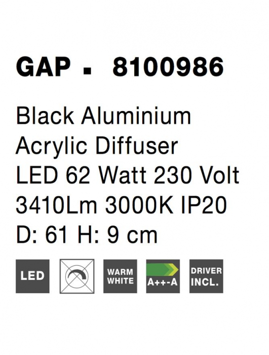 8100986 Plafoniera Nova Luce GAP LED 62W 3410lm 3000K IP20 Aluminiu/Acril Black NOVALUCE [4]