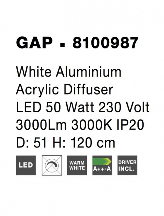8100987 Suspensie Nova Luce GAP LED 50W 3000lm 3000K IP20 Aluminiu/Acril White NOVALUCE [5]