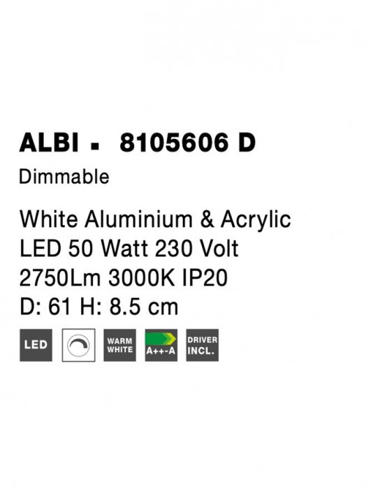8105606 D Plafoniera Nova Luce ALBI LED 50W 2876lm 3000K Aluminium & Acrylic White Dimabil Triac IP20 [8]