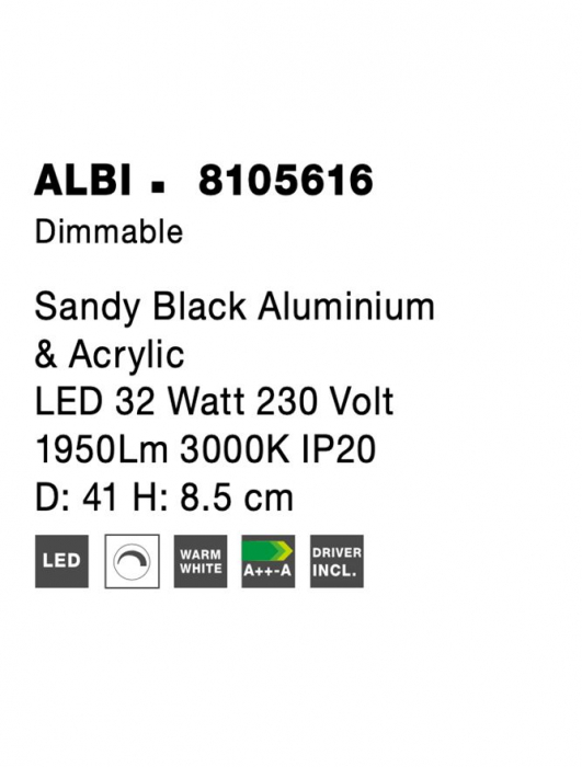 8105616 Plafoniera Nova Luce ALBI LED 32W 1950lm 3000K IP20 Aluminiu/Acril Sandy Black [8]