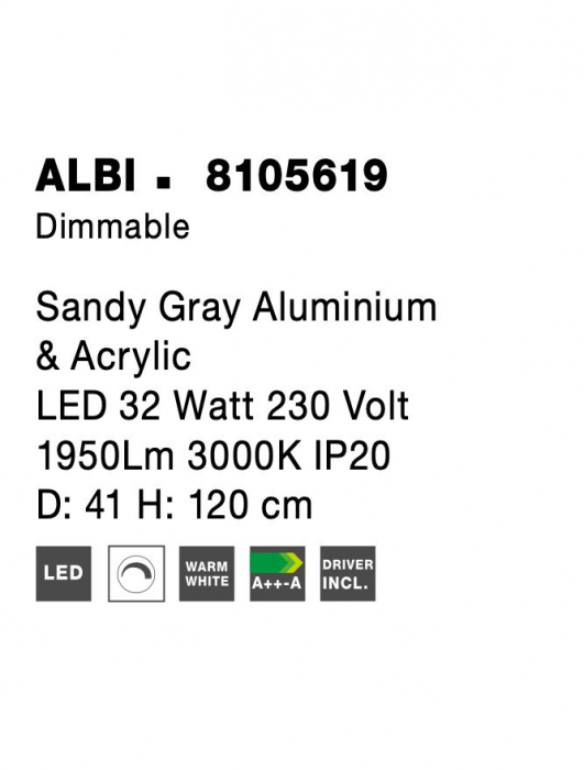 8105619 Lustra Nova Luce ALBI LED 32W 1950lm 3000K Aluminium & Acrylic Sandy Gray Dimabil Triac IP20 [7]