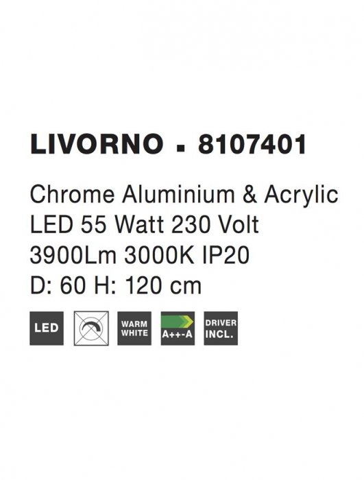 8107401 Lustra Nova Luce LIVORNO LED 53W 5071lm 3000K Aluminium & Acrylic Chrome Nedimabil IP20 [6]