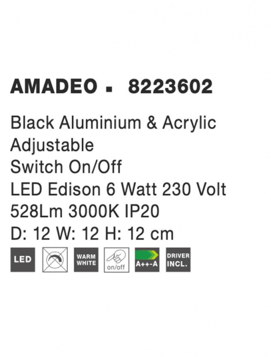 8223602 Aplica Nova Luce AMADEO LED 6W 528lm 3000K IP20 Aluminium Acril  Black  Switch On/Off [3]