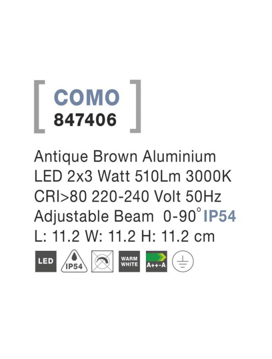 847406 Aplica Nova Luce COMO LED 2x3W 510lm 3000K IP54 Aluminium Antique Brown Adjustable Beam [3]