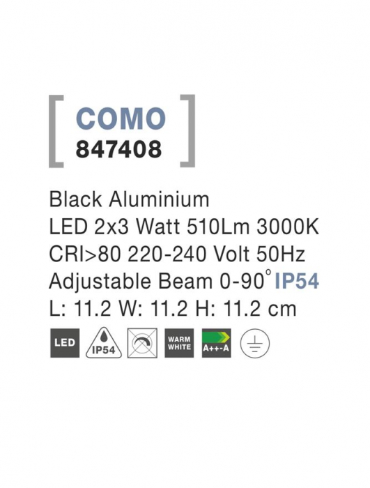 847408 Aplica Nova Luce COMO LED 2x3W 510lm 3000K IP54 Aluminium Black Adjustable Beam [3]