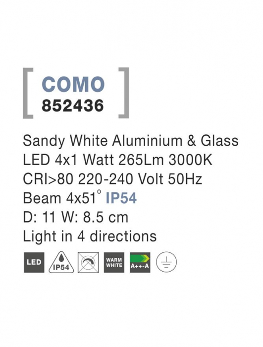 852436 Aplica Nova Luce COMO LED 4X1W 265lm 3000K IP54 Aluminium Glass Diffuser Sandy White Beam 4x51 degrees Light in 4 directions [5]
