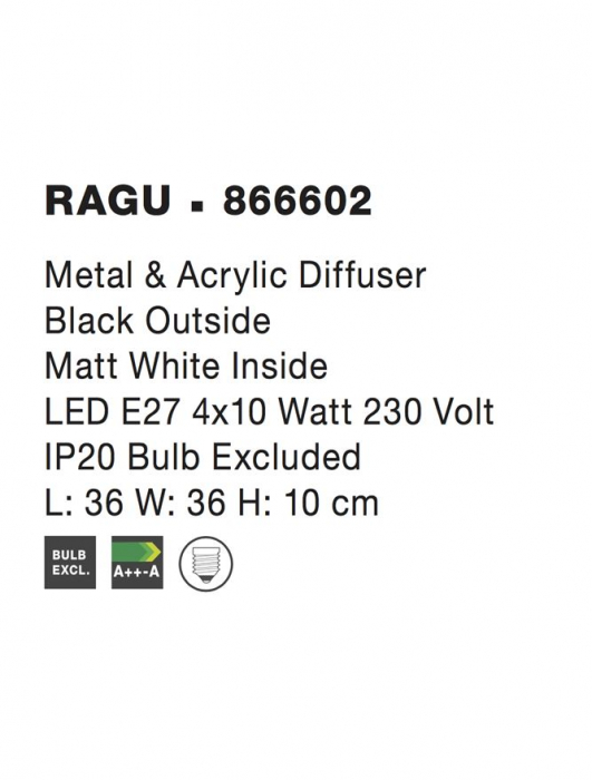 866602 Plafoniera Nova Luce RAGU E27 4x10W IP20 Metal Acril Alb/Negru [3]