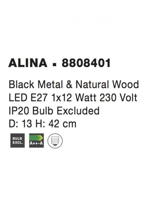 8808401 Veioza Nova Luce ALINA E27 1x12W lm IP20 Metal Black Natural Wood [3]