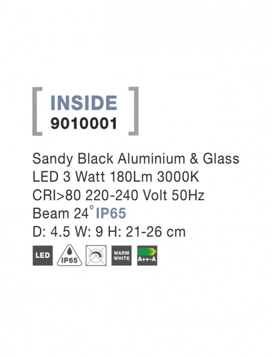 9010001  Nova Luce INSIDE LED 3W 180lm 3000K IP65 Aluminium & Glass Sandy Black Beam 24 degrees [3]