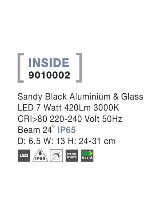 9010002  Nova Luce INSIDE LED 7W 420lm 3000K IP65 Aluminium & Glass Sandy Black Beam 24 degree [3]