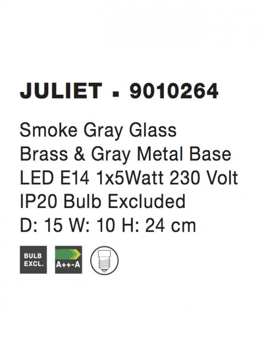 9010264 Veioza Nova Luce JULIET LED E14W IP20 Glass Brass & Gray Metal Base Smoke Gray NOVALUCE [4]