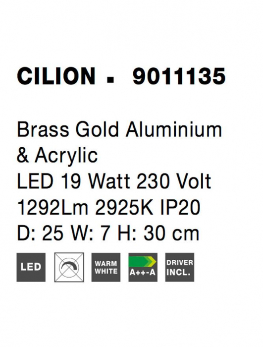 9011135 Aplica Nova Luce CILION LED 19W 1292lm 3000K IP20 Aluminiu/Acril Brass Gold [6]