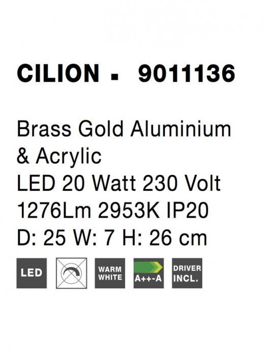 9011136 Veioza Nova Luce CILION LED 20W 1276lm 3000K IP20 Aluminiu/Acril Brass Gold NOVALUCE [7]