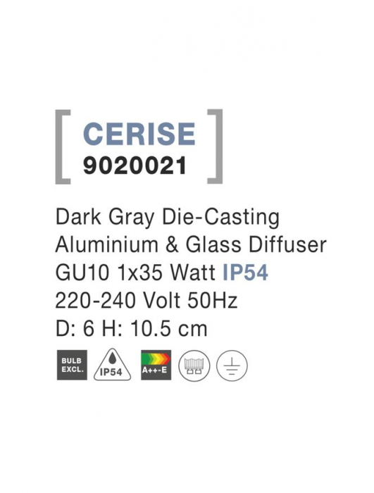 9020021 Spot Aplicat Nova Luce CERISE GU10 35W lm  IP54 Die-Casting Aluminium & Glass Diffuser Dark Gray [2]