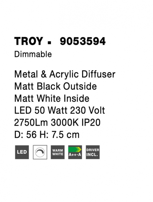 9053594 Plafoniera Nova Luce TROY LED 50W 2750lm 3000K Metal & Acrylic  Matt Black Dimabil Triac IP20 [8]