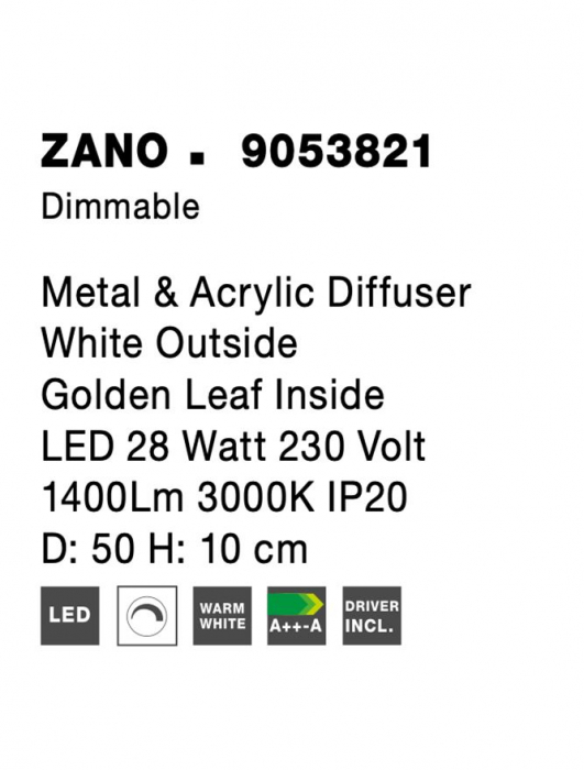 9053821 Plafoniera Nova Luce ZANO LED 28W 1400lm 3000K Metal & Acrylic  Gold Dimabil Triac IP20 [8]