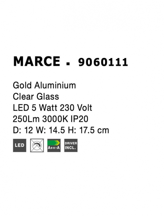 9060111 Aplica Nova Luce MARCE LED 5W 250lm 3000K IP20 Aluminium/Glass Gold [3]