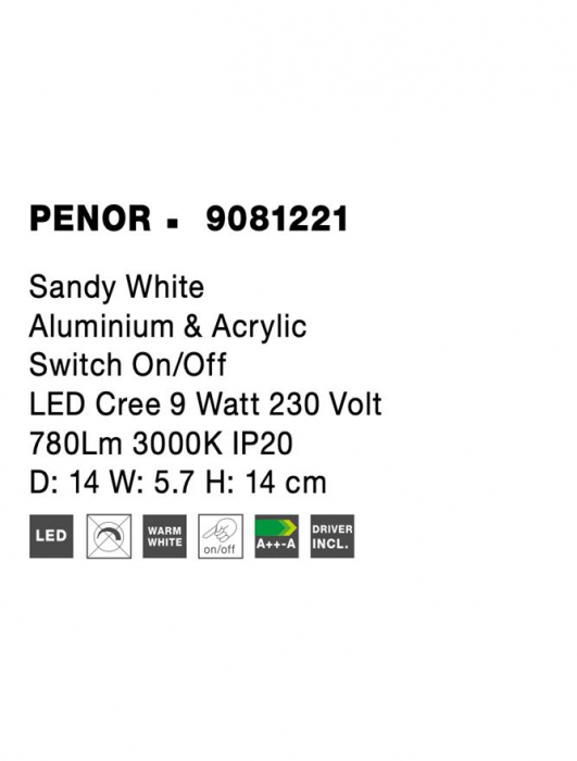 9081221 Aplica Nova Luce PENOR LED 9W 780lm 3000K IP20 Aluminium Acril Sandy White  Switch On/Off [8]