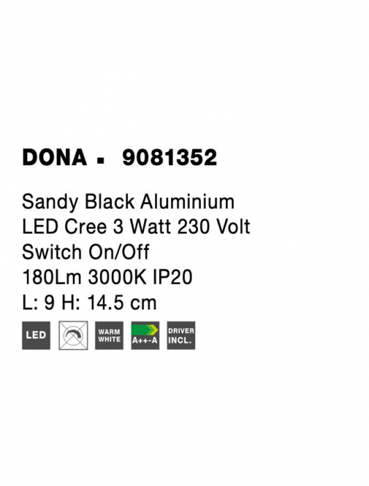 9081352 Aplica Nova Luce DONA LED 3W 180lm 3000K IP20 Aluminium Sandy Black [3]