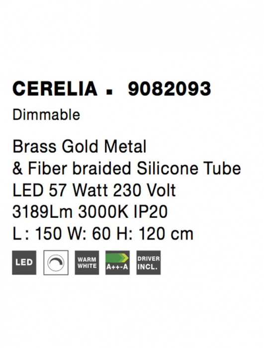 9082093 Lustra Nova Luce CERELIA LED 56W 3189lm 3000K Metal & Fiber Braided Silicone Tube Brass Gold Dimabil Triac IP20 [7]