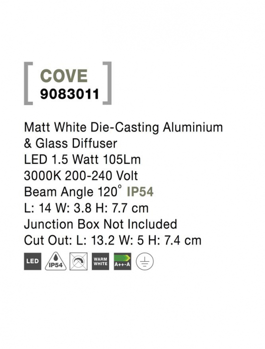 9083011  Nova Luce COVE LED 1,5W 105lm 3000K IP54 Aluminium & Glass Diffuser Matt White Beam Angle 120° [4]