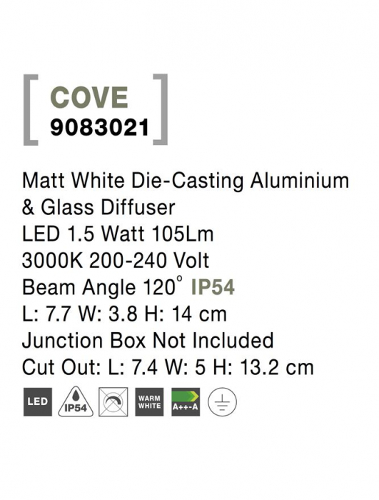 9083021  Nova Luce COVE LED 1,5W 105lm 3000K IP54 Aluminium & Glass Diffuser Matt White Beam Angle 120° [4]