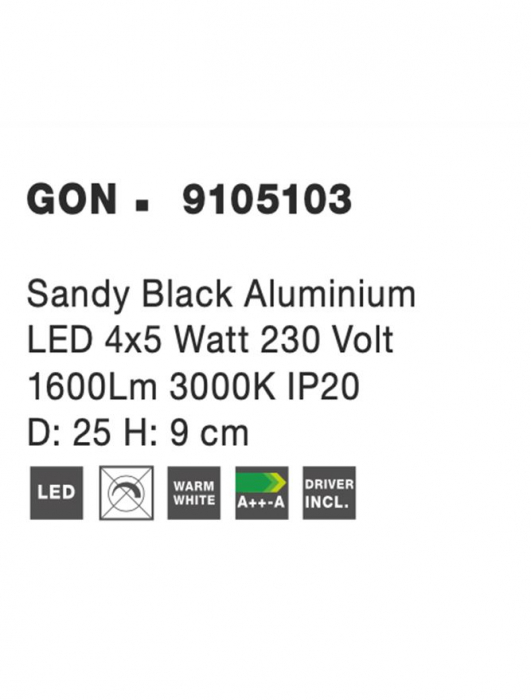 9105103 Plafoniera Nova Luce GON LED 20W 1600lm 3000K Aluminium Sandy Black Nedimabil IP20 [7]