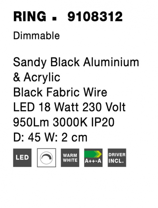 9108312 Aplica Nova Luce RING LED 18W 950lm 3000K IP20 Aluminiu/Acril Sandy Black [7]