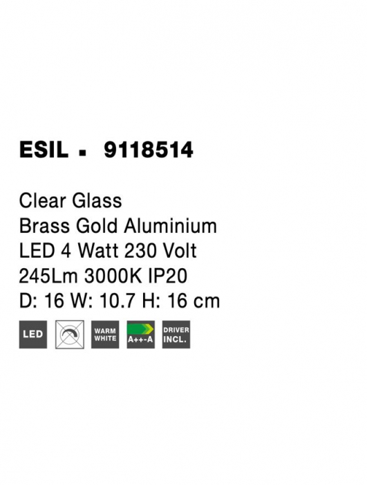 9118514 Aplica Nova Luce ESIL LED 4W 245lm 3000K IP20 Clear Glass Aluminiu Brass Gold [5]