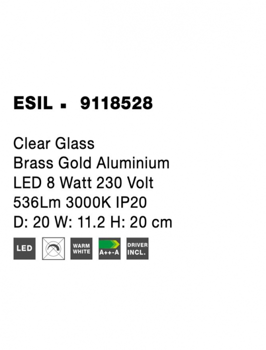 9118528 Aplica Nova Luce ESIL LED 8W 536lm 3000K Aluminium & Glass Gold Nedimabil IP20 [5]