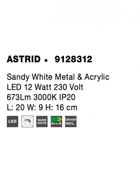 9128312 Aplica Nova Luce ASTRID LED 12W 673lm 3000K Metal & Acrylic  Sandy White Nedimabil IP20 [8]