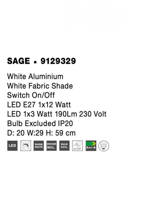 9129329 Aplica Nova Luce SAGE LED 1x3W  3500K Aluminium & Fabric Shade White Nedimabil IP20 [8]