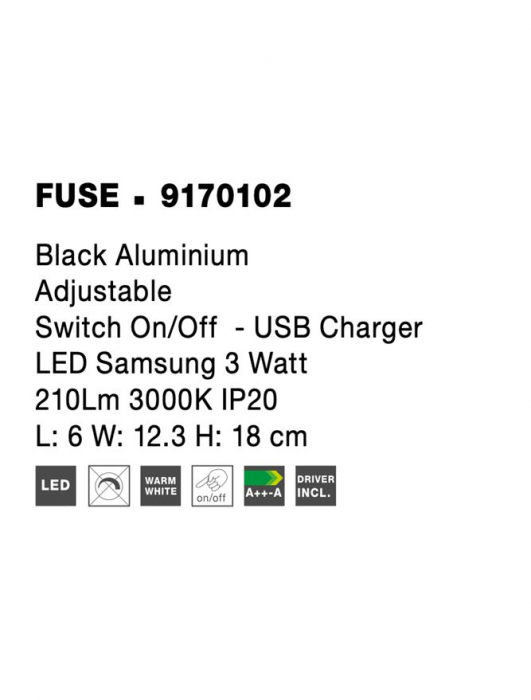 9170102 Aplica Nova Luce FUSE LED 3W 210lm 3000K IP20 Aluminium Black USB Charger [9]