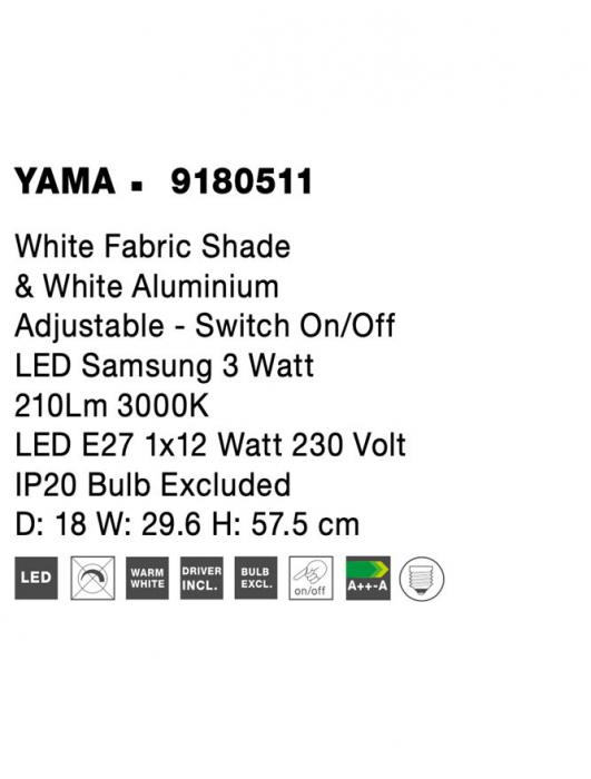 9180511 Aplica Nova Luce YAMA LED 3W 210lm 3000K Aluminium & Fabric Shade White Nedimabil IP20 [6]