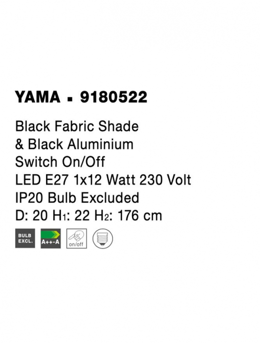 9180522 Lampadar Nova Luce YAMA E27 1x12W   Aluminium & Fabric Shade Black  IP20 [9]