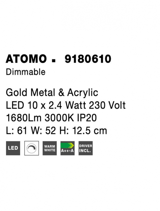 9180610 Plafoniera Nova Luce ATOMO LED 25W 1644lm 3000K Metal & Acrylic Gold Dimabil Triac IP20 [7]