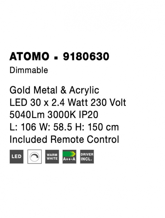 9180630 Candelabru Nova Luce ATOMO LED 84W 3805lm 3000K Metal & Acrylic  Black & Gold Dimabil Triac IP20 [9]