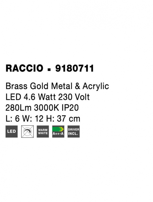 9180711 Aplica Nova Luce RACCIO LED 4,6W 280lm 3000K IP20 Metal & Acrylic Gold NOVALUCE [9]
