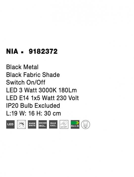 9182372 Aplica Nova Luce NIA LED 1x5W 180lm 3000K Metal & Fabric Shade Black Nedimabil IP20 [7]