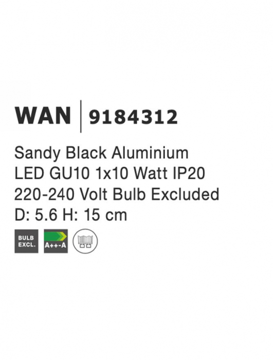 9184312 Aplica Nova Luce WAN GU10 1x10W   Aluminium Sandy Black  IP20 [3]