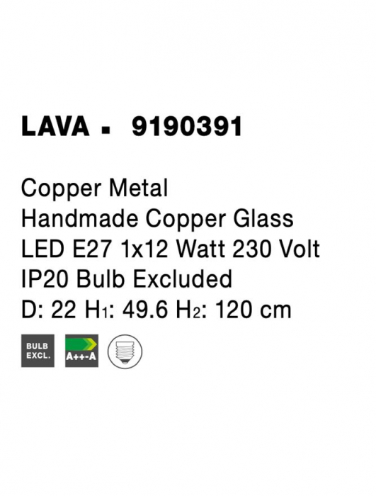 9190391 Suspensie Nova Luce LAVA E27 1x12W IP20 Cooper Metal Glass Cooper [8]