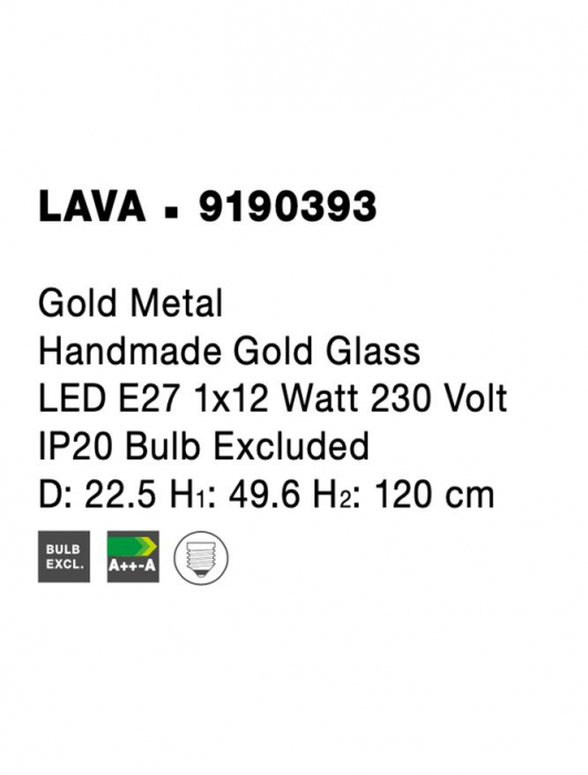 9190393 Suspensie Nova Luce LAVA E27 1x12W IP20 Gold Metal Glass Gold [6]