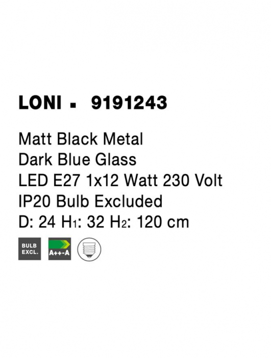 9191243 Pendul Nova Luce LONI E27 1x12W   Metal & Glass Matt Black  IP20 [9]