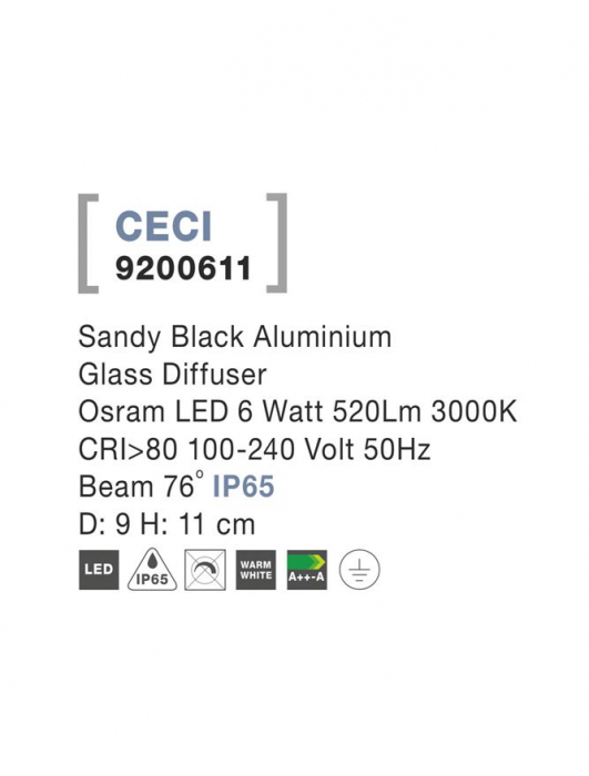 9200611 Spot Aplicat Nova Luce CECI LED 6W 520lm 3000K IP65 Aluminium Glass Diffuser Sandy Black Beam 76 degrees [3]