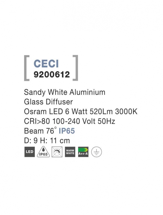 9200612 Spot Aplicat Nova Luce CECI LED 6W 520lm 3000K IP65 Aluminium Glass Diffuser Sandy White Beam 76 degrees [3]