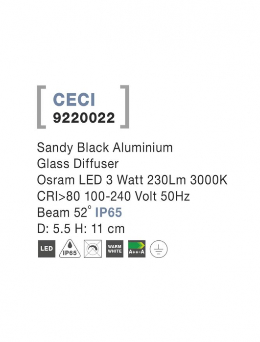 9220022 Spot Aplicat Nova Luce CECI LED 3W 230lm 3000K IP65 Aluminium Glass Diffuser Sandy Black Beam 52 degrees [3]