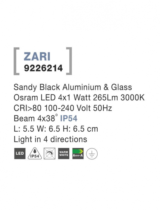 9226214 Aplica Nova Luce ZARI LED 4X1W 265lm 3000K IP54 Aluminium Glass Diffuser Sandy Black Beam 4x38 degrees Light in 4 directions [3]