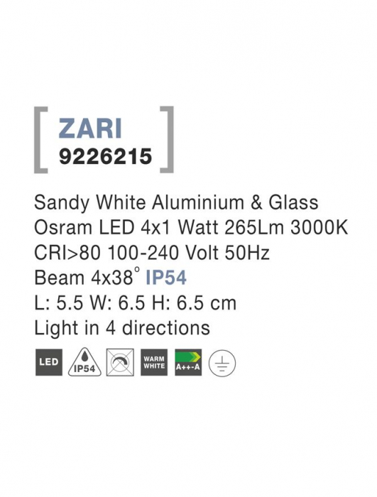 9226215 Aplica Nova Luce ZARI LED 4X1W 265lm 3000K IP54 Aluminium Glass Diffuser Sandy White Beam 4x38 degrees Light in 4 directions [3]