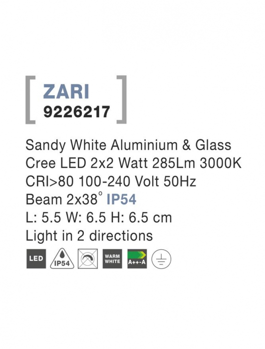 9226217 Aplica Nova Luce ZARI LED 2X2W 285lm 3000K IP54 Aluminium Glass Diffuser Sandy White Beam 2x38 degrees Light in 2 directions [4]
