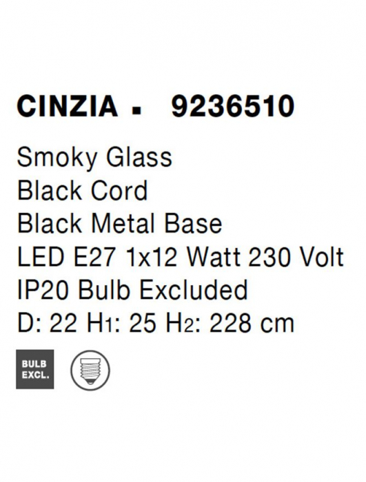 9236510 Pendul Nova Luce CINZIA E27 1x12W   Metal Smoky Glass Black Cord  IP20 [9]